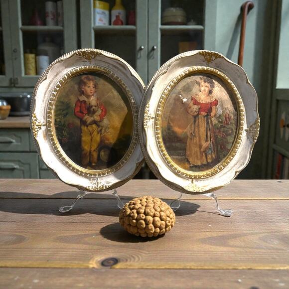 Vtg Borghese chalkware art work Girl Holding Cat Master Simpson boy with dog - Picture 1 of 6